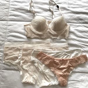 Victoria Secret Shine Lace Bra 34A, 4 panties sz S